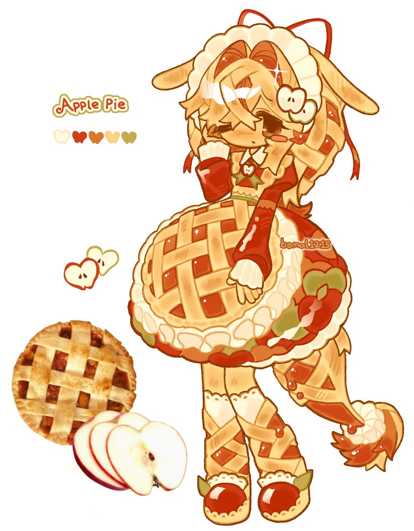 1girl, apple, apple_hair_ornament, apple_pie, apple_slice, bomal1215, brown_eyes, brown_hair, closed_mouth, dress, food, food-themed_clothes, food-themed_hair, food-themed_hair_ornament, food-themed_tail_ornament, fruit, full_body, hair_intakes, hair_ornament, hair_ribbon, juliet_sleeves, long_sleeves, one_eye_closed, original, pie, puffy_sleeves, red_dress, red_ribbon, red_shoes, ribbon, shoes, sidelocks, simple_background, socks, solo, tail, white_background, white_socks