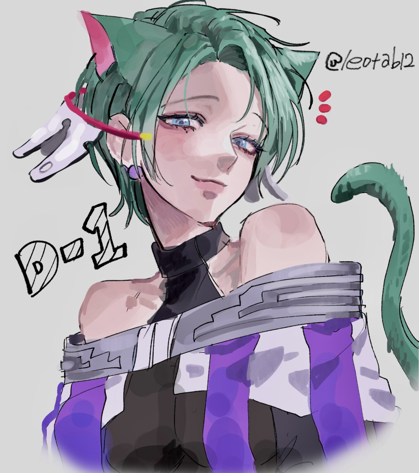 1girl, animal_ears, bare_shoulders, blue_eyes, cat_ears, cat_girl, commentary_request, dress, earrings, gloves, gnosia, green_hair, highres, jewelry, korean_commentary, leotab12, looking_at_viewer, makeup, short_hair, simple_background, sleeveless, sleeveless_dress, smile, solo, stella_(gnosia), upper_body