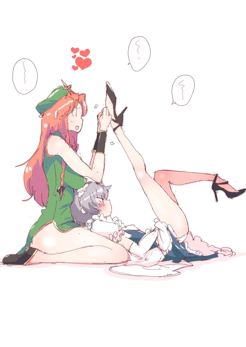 2girls, adjusting_another's_clothes, apron, bad_id, bad_pixiv_id, black_shoes, blue_dress, blush, bracelet, braid, dress, elbow_gloves, frills, from_side, full_body, gloves, green_dress, green_hat, hair_ribbon, hand_on_another's_foot, hat, hat_ornament, heart, high_heels, highres, hong_meiling, izayoi_sakuya, jewelry, lap_pillow, legs_up, looking_at_another, lying, lying_on_another, maid, maid_apron, maid_headdress, multiple_girls, non_(z-art), on_back, open_mouth, orange_hair, panties, ribbon, ribbon_in_braid, shoes, short_hair, single_braid, sleeveless, sleeveless_dress, smile, speech_bubble, spoken_heart, star_(symbol), star_hat_ornament, touhou, underwear, white_background, white_gloves, white_panties