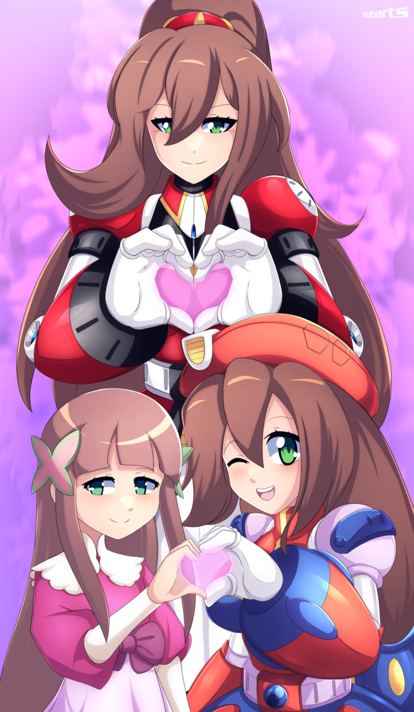 3girls, :d, ;d, absurdres, android, armor, artist_logo, artist_name