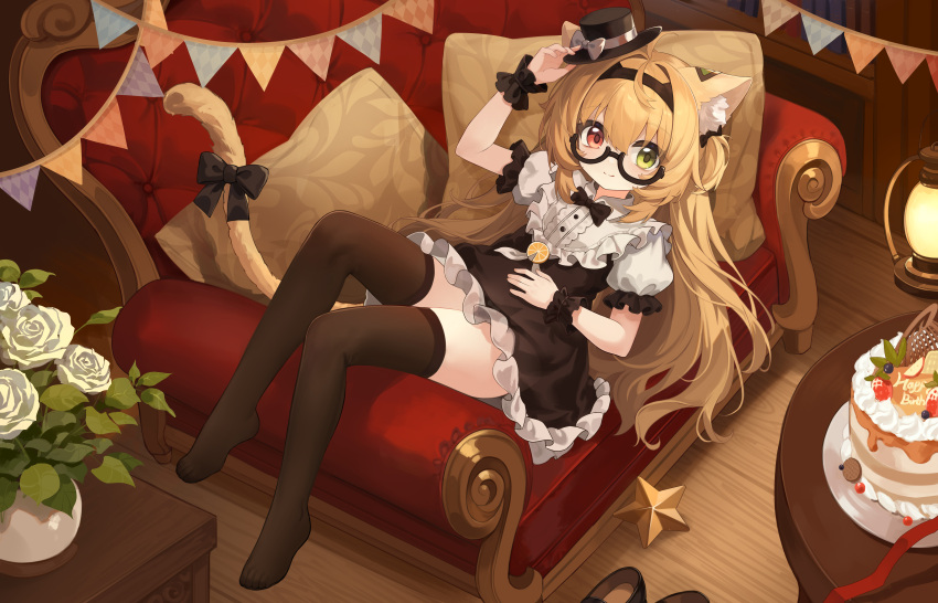 1girl, absurdres, animal_ear_fluff, animal_ears, black_bow, black_hairband, black_hat, black_skirt