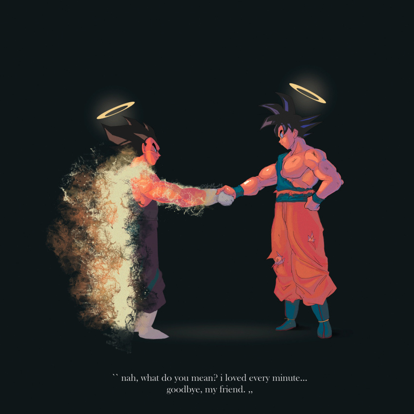 absurdres, black_background, black_hair, blue_bodysuit, blue_boots, blue_shirt, bodysuit, boots, commentary, dragon_ball, dragon_ball_z, english_commentary, from_side, full_body, gloves, handshake, highres, orange_pants, pants, profile, shib4guette, shirt, simple_background, son_goku, spiky_hair, torn_clothes, torn_shirt, vegeta, white_boots, white_gloves