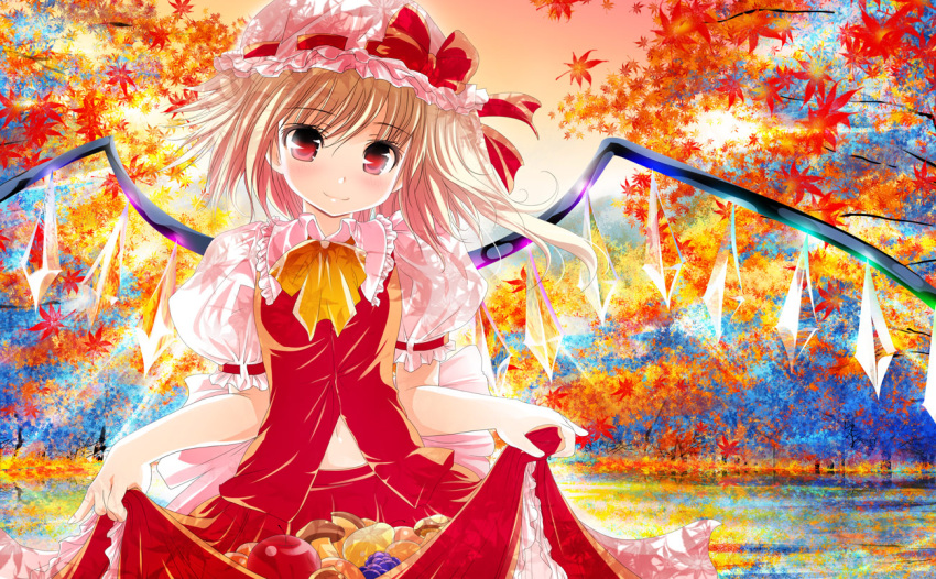 apple, ascot, blonde_hair, blush, flandre_scarlet, food, fruit, grapes
