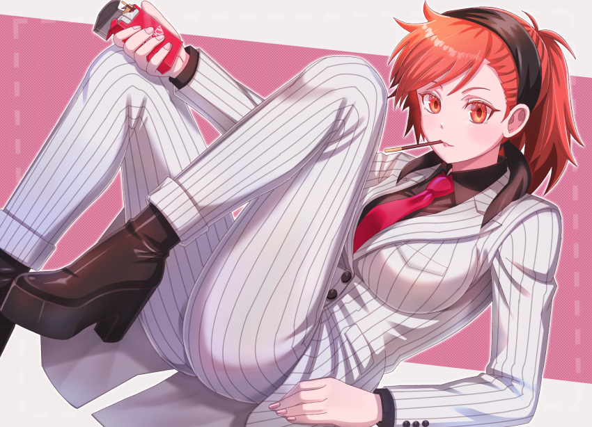 atlus, black_boots, black_shirt, boots, commentary_request, commission, cosplay, devil_summoner:_soul_hackers