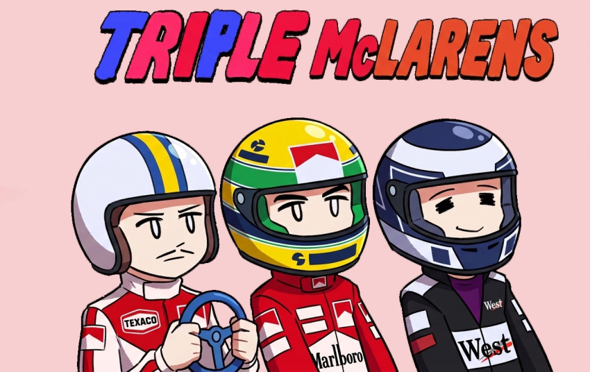 3boys, ayrton_senna, blank_stare, chibi, closed_eyes, emerson_fittipaldi, english_text, eyebrows_visible_through_helmet, facial_hair, formula_one, helmet, holding_detached_steering_wheel, logo, marlboro, mclaren, meme, mika_hakkinen, multiple_boys, mustache, non-web_source, parody, racing_suit, self-upload, serious, simple_background, smug, sponsor, steering_wheel, subtitled, tobacco, triple_baka_(group), triple_baka_(vocaloid), white_background