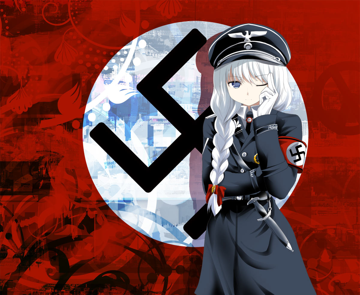 armband, blue_eyes, braid, hand_on_own_face, hand_to_face, hat, knife, long_hair