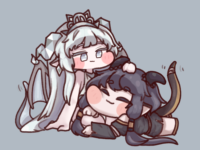 2girls, black_hair, black_tunic, blush_stickers, chibi, chibi_only, closed_eyes, closed_mouth