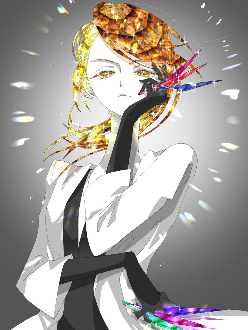 1other, androgynous, between_fingers, black_gloves, black_vest, blonde_hair, brown_hair, coat