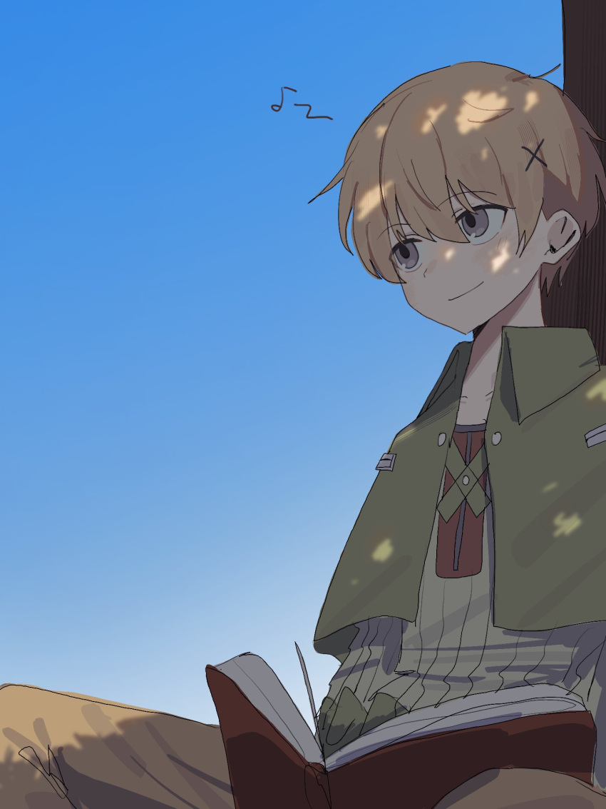 1boy, blonde_hair, blue_sky, book, highres, kiel_(rune_factory), looking_at_viewer, looking_to_the_side