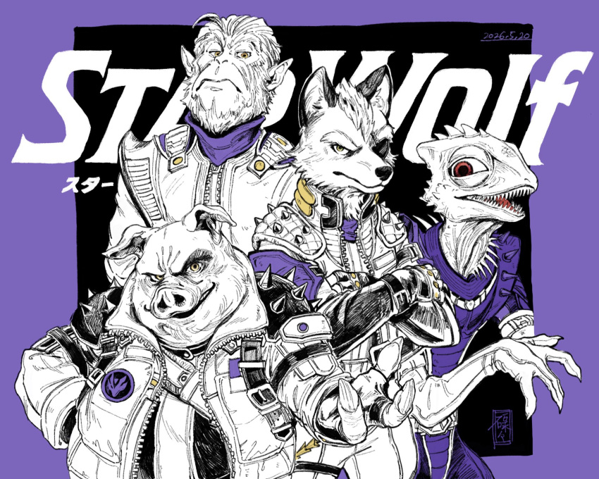 4boys, andrew_oikonny, belt_buckle, brown_eyes, buckle, chameleon_boy, closed_mouth, collared_jacket, commentary_request, crossed_arms, english_text, eyepatch, fingernails, furry, furry_male, gloves, highres, jacket, leon_powalski, limited_palette, long_sleeves, looking_at_viewer, male_focus, monkey_boy, multiple_boys, one_eye_covered, open_mouth, outstretched_arm, pants, pig_boy, pigma_dengar, pointy_ears, reptile_boy, rokuroku72, sharp_fingernails, sharp_teeth, shoulder_spikes, spacesuit, spikes, spines, standing, star_fox, star_fox_(2026), teeth, tongue, unzipped, wolf_boy, wolf_o'donnell, wrist_belt, zipper