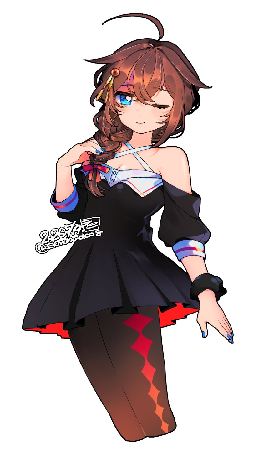 1girl, ahoge, black_dress, black_pantyhose, blue_eyes, braid, brown_eyes, commentary_request, criss-cross_halter, cropped_legs, dated, dress, eto_(etonomemo1008), hair_flaps, hair_over_shoulder, halterneck, highres, kantai_collection, long_hair, looking_at_viewer, one_eye_closed, pantyhose, print_pantyhose, shigure_(ginza_black)_(kancolle), shigure_(kancolle), shigure_kai_san_(kancolle), simple_background, single_braid, smile, solo, twitter_username, white_background