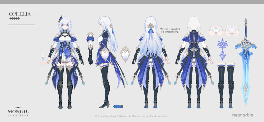 1girl, absurdres, black_boots, black_thighhighs, blue_coat, blue_eyes, boots, character_name, coat, copyright_name, copyright_notice, full_body, greatsword, grey_background, heterochromia, highres, layered_sleeves, logo, long_hair, long_sleeves, mongil:_star_dive, multiple_views, official_art, ophelia_(mongil:_star_dive), panties, reference_sheet, shirt, short_over_long_sleeves, short_sleeves, skirt, standing, sword, thigh-highs, turnaround, underwear, weapon, white_hair, white_panties, white_shirt, white_skirt