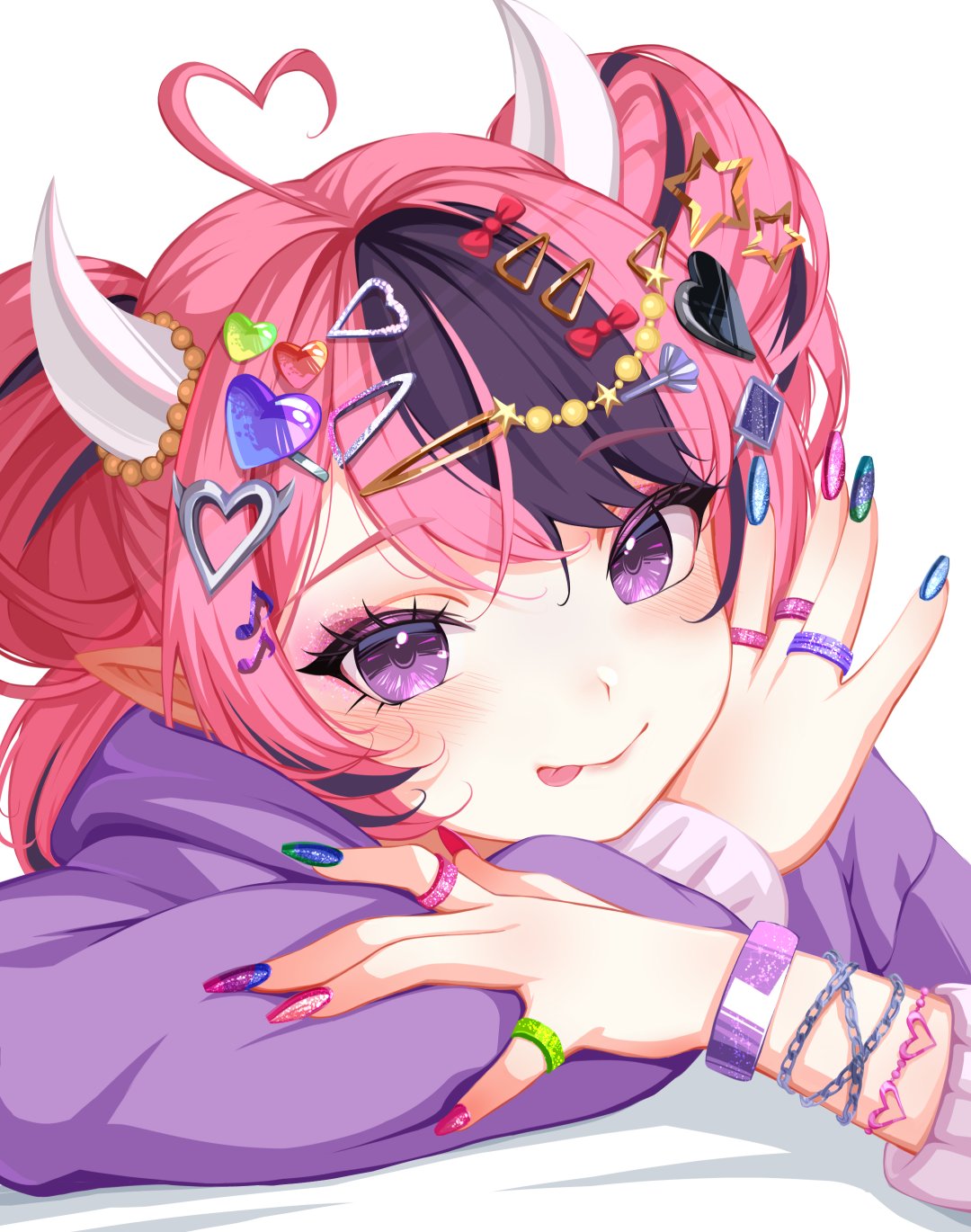 1girl, ahoge, bow, bracelet, commentary, decora, demon_girl, demon_horns