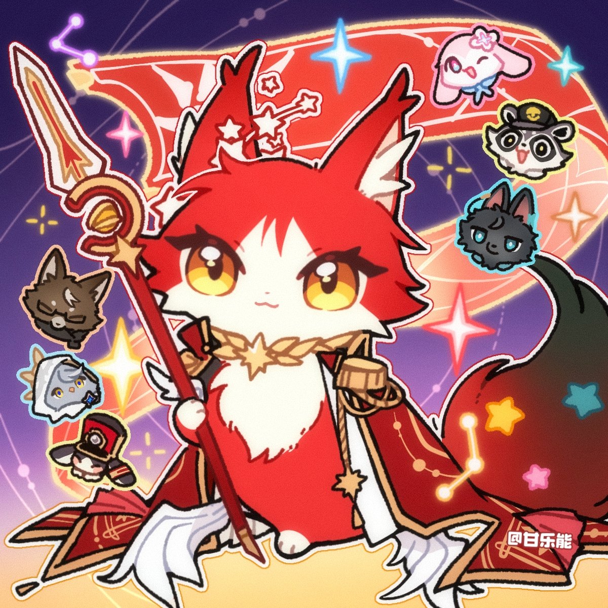 2girls, 4boys, :3, animal_hands, animalization, astral_express_(honkai:_star_rail), bird, cat, chibikemo, commentary, dan_heng_(honkai:_star_rail), dan_heng_(woof_woof_dan)_(honkai:_star_rail), dog, epaulettes, fluffy_tail, ganleneng, hat, highres, himeko_(himekat)_(honkai:_star_rail), himeko_(honkai:_star_rail), himeko_(nova)_(honkai:_star_rail), holding, holding_polearm, holding_weapon, honkai:_star_rail, honkai_(series), hood, jacket, jacket_on_shoulders, march_7th_(honkai:_star_rail), march_7th_(march_bunny)_(honkai:_star_rail), multiple_boys, multiple_girls, people, polearm, pom-pom_(honkai:_star_rail), rabbit, raccoon, sunday_(honkai:_star_rail), sunday_(sundove)_(honkai:_star_rail), trailblazer_(baseball_raccoon)_(honkai:_star_rail), trailblazer_(honkai:_star_rail), weapon, welt_yang, welt_yang_(fluffy), yellow_eyes