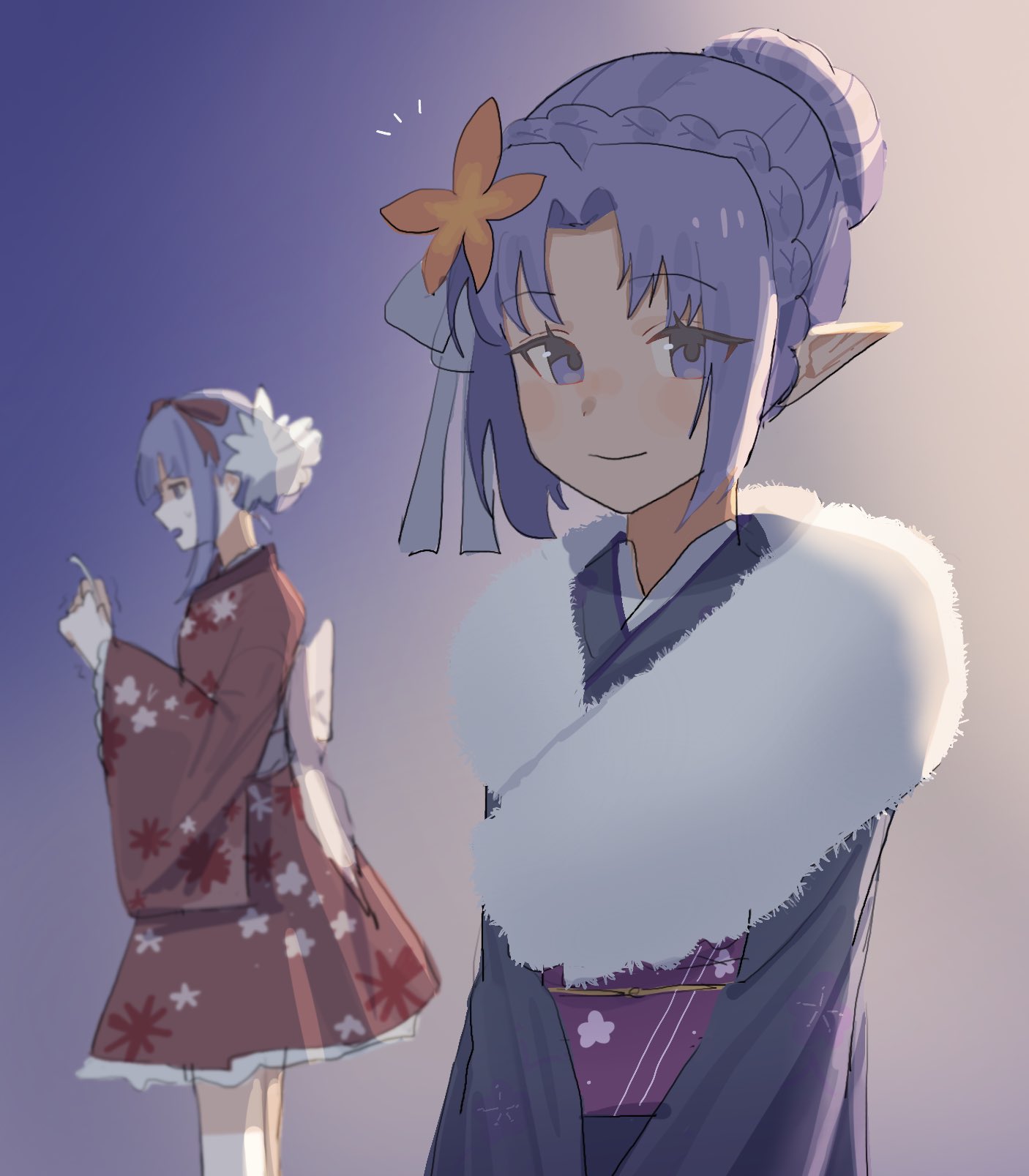 2girls, alternate_costume, bianca_elarco_viviage, dark-skinned_female, dark_skin, highres, japanese_clothes, looking_at_viewer