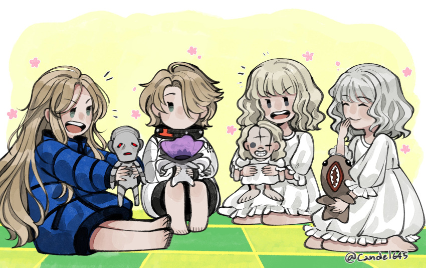 4girls, artist_name, blonde_hair, blue_coat, candel645, checkered_floor, closed_eyes, closed_mouth