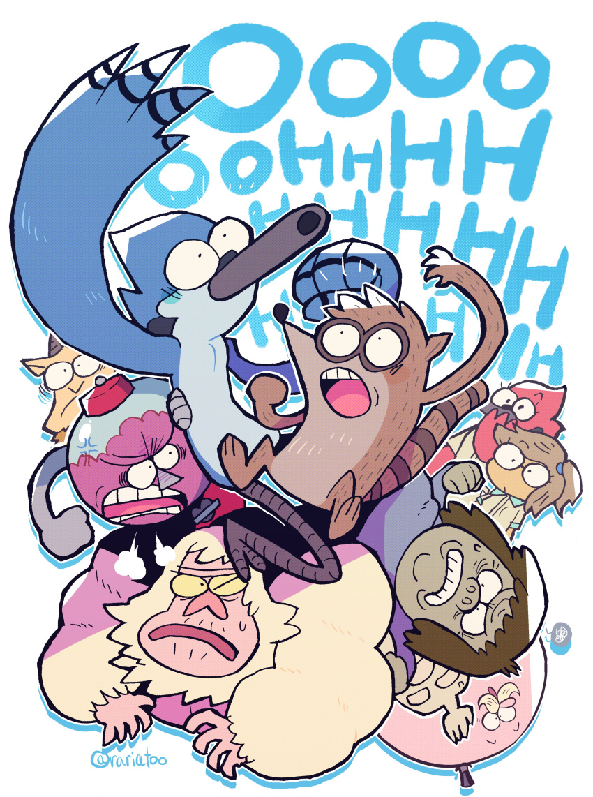 absurdres, benson_(regular_show), bird, bird_boy, bird_girl, eileen_roberts, everyone, gorilla, gumball_machine, hi_five_ghost, highres, hitting, margaret_(regular_show), mordecai_(regular_show), muscle_man_(regular_show), pops_(regular_show), raccoon, raccoon_boy, rariatto_(ganguri), regular_show, rigby, signature, skips, thomas_(regular_show)
