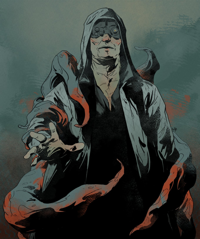 1boy, covered_eyes, cowboy_shot, cracked_skin, goggles, highres, hood, hood_up