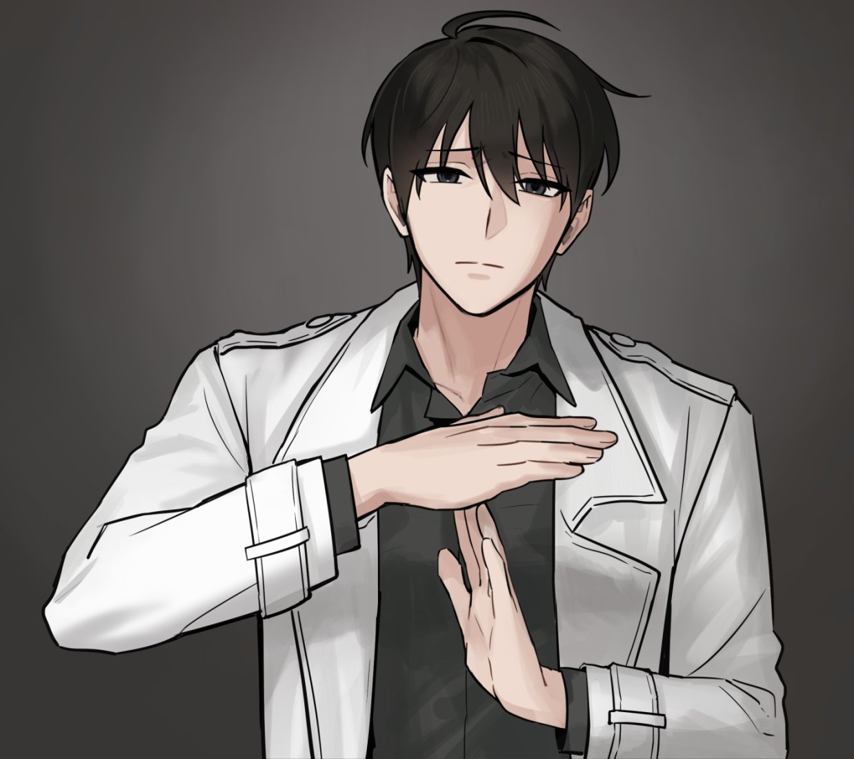 1boy, black_hair, black_shirt, coat, collared_shirt, kim_dokja, light_frown, looking_at_viewer