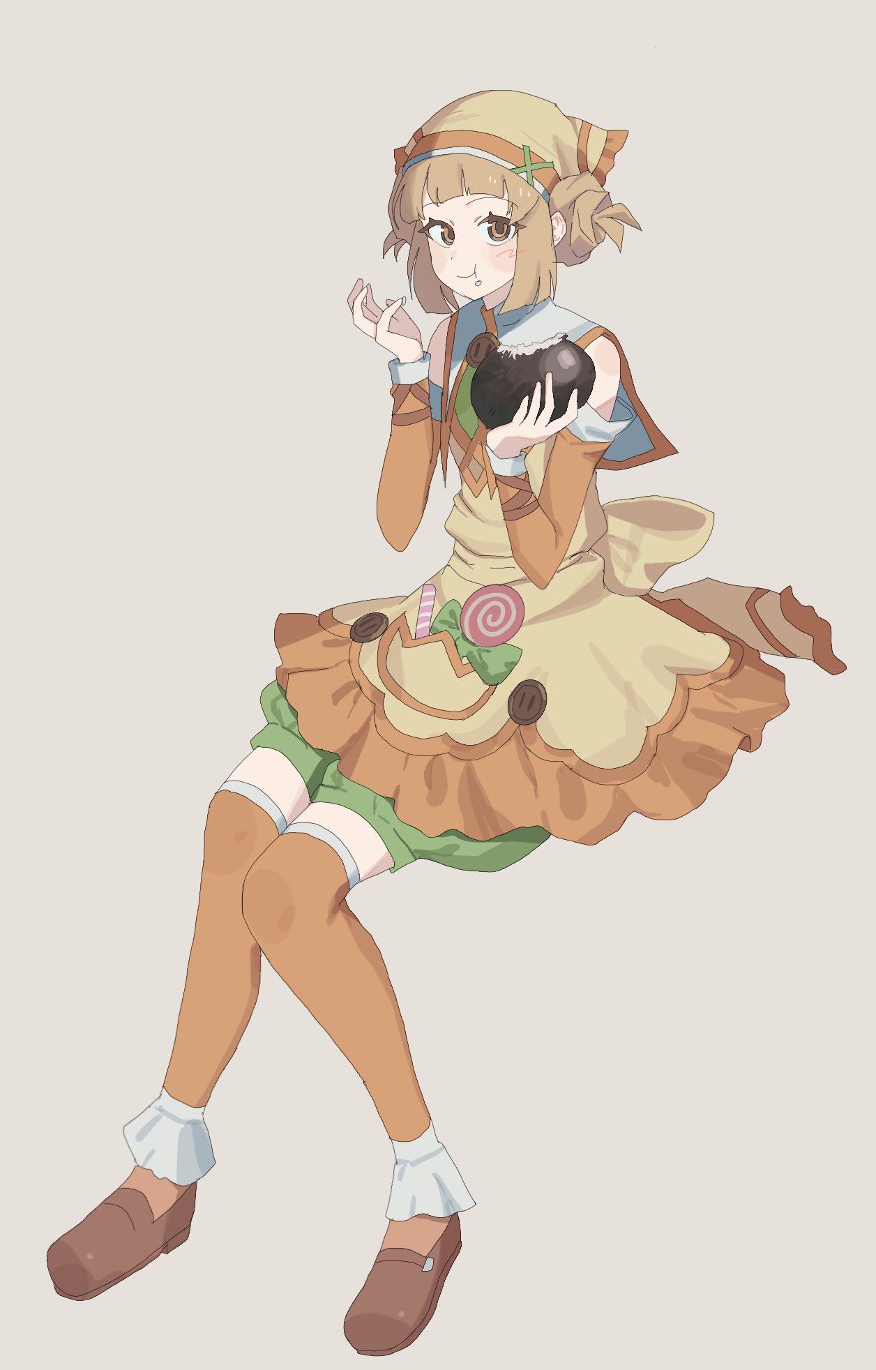 1girl, blonde_hair, brown_eyes, chocolat_(rune_factory), commentary_request, food_in_mouth, headscarf, highres