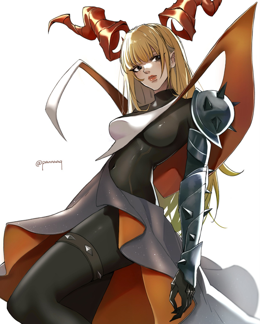 1girl, absurdres, armor, blonde_hair, blue_eyes, bodysuit, breasts, commentary