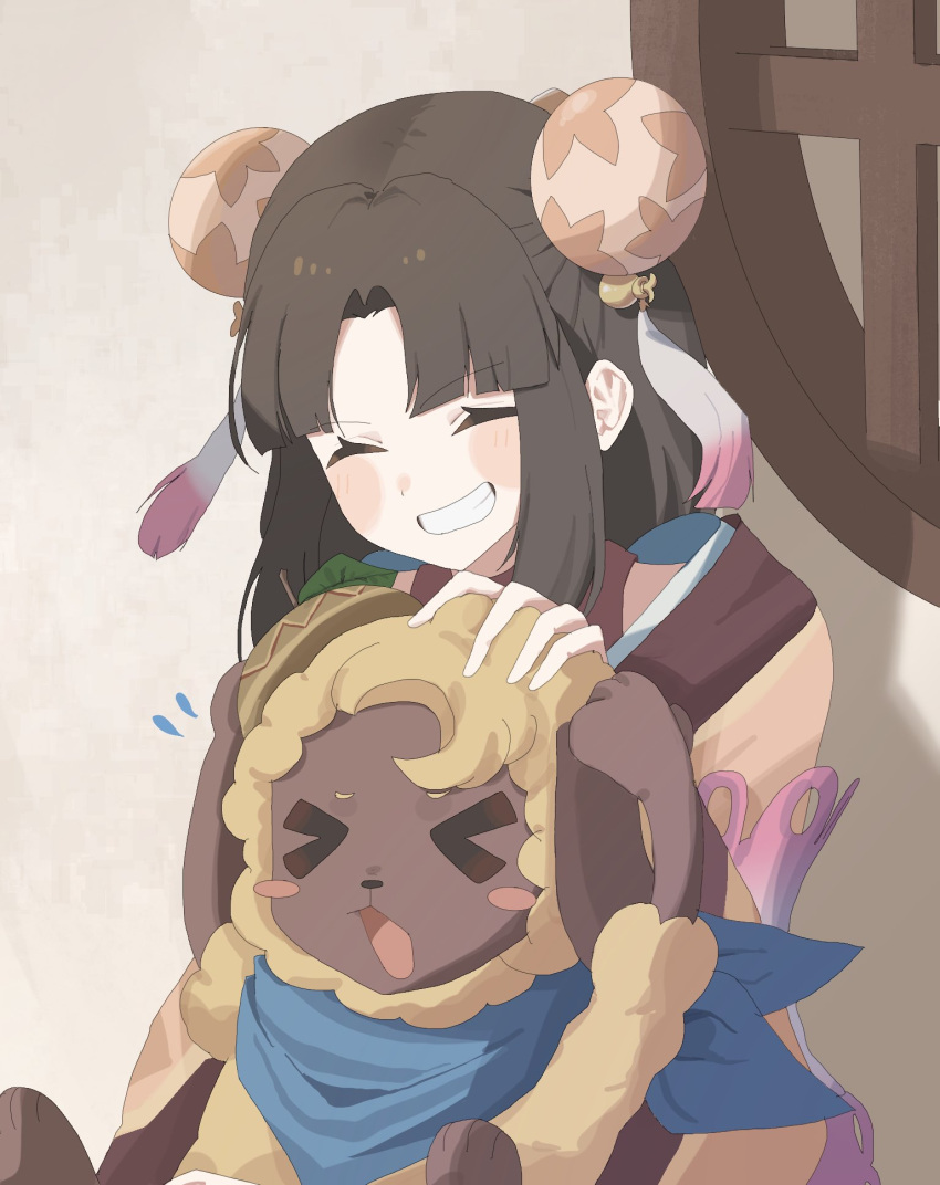 1girl, black_hair, closed_eyes, commentary_request, hair_ornament, highres, japanese_clothes, kimono