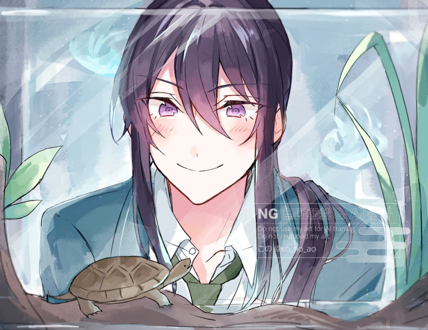 1boy, blue_jacket, closed_mouth, commentary, ensemble_stars!, green_necktie, hair_between_eyes, jacket