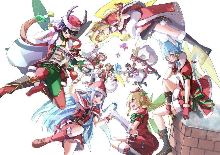 3boys, 6+girls, :d, ;), absurdres, alice_zuberg, alice_zuberg_(sao-alo), animal_ear_fluff, animal_ears, asuna_(sao), asuna_(sao-alo), bare_arms, bell, belt, black_belt, black_boots, black_dress, black_hair, black_pantyhose, black_thighhighs, black_wings, blonde_hair, bloomers, blue_hair, blue_wings, blush, boots, braid, breasts, brown_hair, brown_wings, capelet, cat_ears, cat_tail, character_request, christmas, closed_mouth, commentary_request, cosplay, double-parted_bangs, dragon, dress, dutch_angle, elbow_gloves, fake_antlers, feathered_dragon, floating, forehead, frilled_boots, frills, fur-trimmed_boots, fur-trimmed_capelet, fur-trimmed_dress, fur-trimmed_gloves, fur-trimmed_headwear, fur-trimmed_wrist_cuffs, fur_trim, gloves, gold_trim, goutokuji_mike, goutokuji_mike_(cat), green_pants, green_scarf, green_shirt, green_wings, grin, hair_between_eyes, hat, highres, holding, holding_hands, holding_sack, jacket, kirito, klein_(sao), klein_(sao-alo), knee_boots, leafa_(sao), leg_up, lisbeth_(sao), lisbeth_(sao-alo), long_hair, long_sidelocks, long_sleeves, looking_at_another, looking_at_viewer, medium_breasts, medium_hair, messy_hair, mini_person, minigirl, multicolored_boots, multicolored_shirt, multiple_boys, multiple_girls, neck_bell, one_eye_closed, pants, pantyhose, parted_bangs, pina_(sao), pink_hair, pink_wings, pointy_ears, pom_pom_(clothes), purple_hair, purple_wings, red_boots, red_capelet, red_dress, red_gloves, red_hat, red_jacket, red_ribbon, red_scarf, red_wrist_cuffs, ribbon, sack, santa_costume, santa_dress, santa_hat, sarasara_shoyu, scar, scar_across_eye, scar_on_face, scarf, shirt, short_dress, short_hair, short_sleeves, sidelocks, silica, silica_(sao-alo), simple_background, sinon, sinon_(sao-alo), sleeveless, sleeveless_dress, sleeveless_shirt, small_breasts, smile, straight_hair, sword_art_online:_unital_ring, tail, tail_ornament, tail_ribbon, teeth, thigh-highs, tongue, transparent_wings, twin_braids, two-tone_boots, two-tone_dress, two-tone_pants, two-tone_scarf, upper_teeth_only, white_background, white_bloomers, white_fur, white_gloves, white_shirt, wings, wrist_cuffs, yellow_wings, yui_(sao), yui_(sao)_(cosplay), yuuki_(sao)