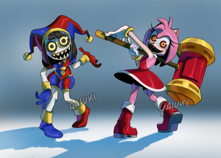2girls, amy_rose, animal_ears, animal_nose, artist_name, asymmetrical_footwear, asymmetrical_gloves, backless_dress, backless_outfit, backlighting, bare_shoulders, black_sclera, blue_gloves, blue_hat, blue_shirt, blue_shoes, blue_shorts, blunt_ends, body_fur, boo_(sonic), boots, bracelet, brown_hair, collar, collared_bodysuit, colored_sclera, colored_skin, commentary, cracked_skin, crossover, dark_persona, dress, english_commentary, evil_pomni_(the_amazing_digital_circus), evil_smile, eyelashes, facing_away, facing_viewer, full_body, furry, furry_female, gaiuki, gloves, gold_bracelet, gradient_background, grey_background, hairband, hammer, hat, hat_bell, hedgehog_girl, highres, holding, holding_hammer, jester, jester_cap, jester_costume, jewelry, looking_at_viewer, looking_back, multicolored_eyes, multicolored_hat, multiple_girls, open_hands, pink_fur, pomni_(the_amazing_digital_circus), possessed, puffy_short_sleeves, puffy_shorts, puffy_sleeves, red_boots, red_dress, red_eyes, red_gloves, red_hairband, red_hat, red_shirt, red_shoes, red_shorts, ringed_eyes, shadow, sharp_teeth, shirt, shoes, short_sleeves, short_tail, shorts, sidelighting, smile, sonic_(series), sonic_x, striped_clothes, striped_headwear, striped_shirt, striped_shorts, tail, teeth, the_amazing_digital_circus, toy_hammer, two-tone_eyes, two-tone_hat, two-tone_shirt, two-tone_shorts, vertical-striped_clothes, vertical-striped_headwear, vertical-striped_shirt, vertical-striped_shorts, watermark, white_background, white_gloves, white_skin, white_trim, yellow_collar, yellow_eyes, yellow_trim