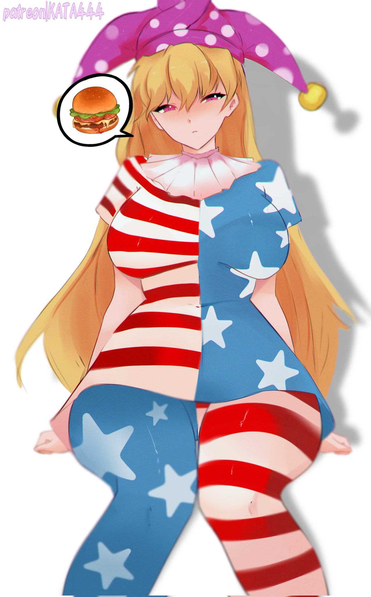 1girl, american_flag, american_flag_dress, american_flag_legwear, american_flag_pants, american_flag_print, american_flag_shirt, blonde_hair