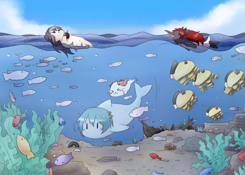 >_<, akemi_homura, animalization, beret, bird, black_hair, blonde_hair, blue_hair, bomb, dolphin, drill_hair, fish, gomadoka, hair_ornament, hair_ribbon, hairclip, hat, homurakko, jellyfish, kaname_madoka, mahou_shoujo_madoka_magica, mamikurage, miki_sayaka, otter, penguin, pink_hair, red_hair, redhead, ribbon, sakura_kyouko, seal, seaweed, ship, shizuki_hitomi, short_twintails, tamutamu-t, tire, tomoe_mami, twin_drills, twintails, water, x3, |_|, ||_||