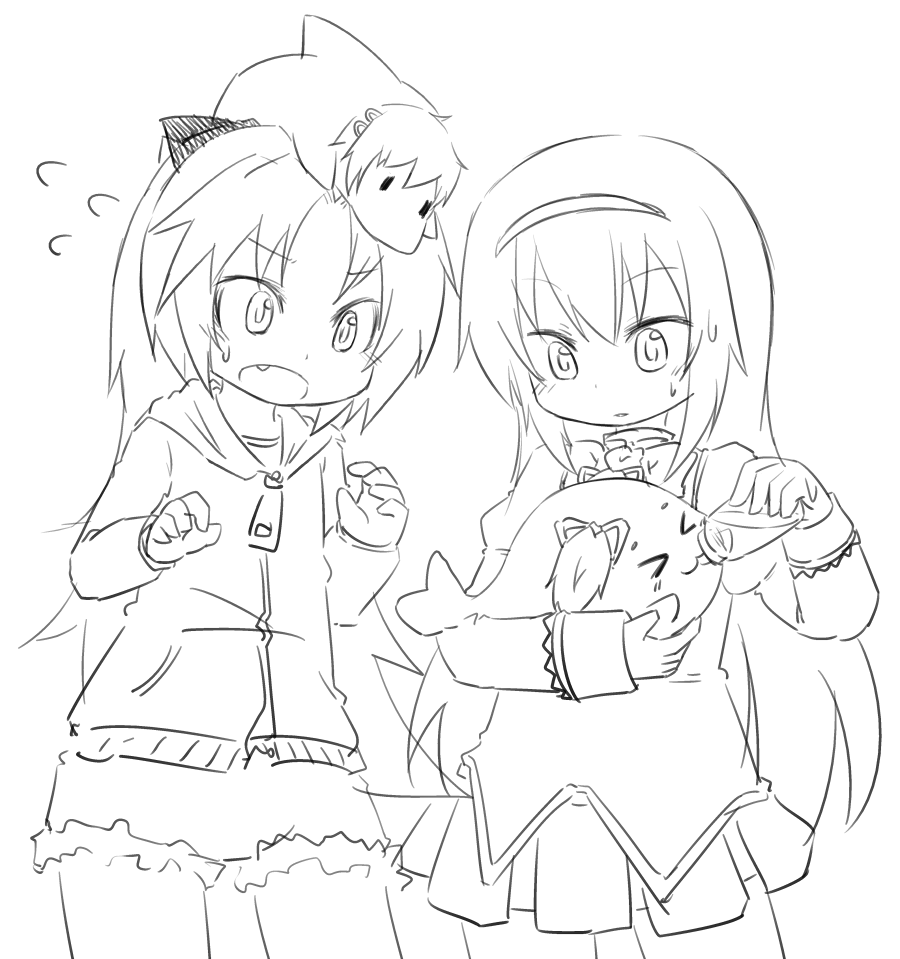 >_<, 3girls, akemi_homura, animal_on_head, animalization, baby_bottle, bottle, casual, dolphin, feeding, gomadoka, kaname_madoka, mahou_shoujo_madoka_magica, miki_sayaka, monochrome, sakura_kyouko, school_uniform, seal, tamutamu-t, x3, |_|