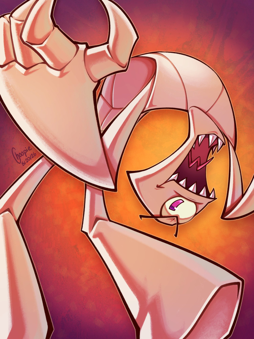 1boy, artist_name, claws, colored_sclera, commentary, english_commentary, evil_smile, fold_(gameoverse)