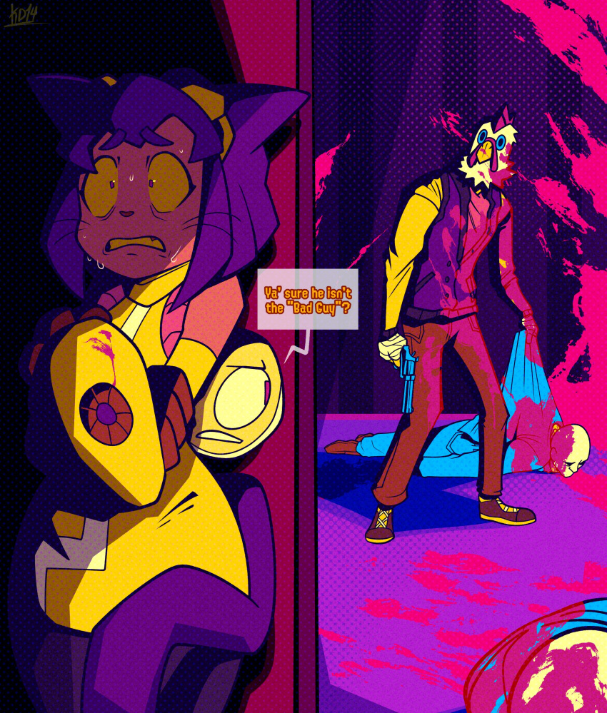 1girl, 2boys, absurdres, animal_ears, backpack, bad_end, bag, blood