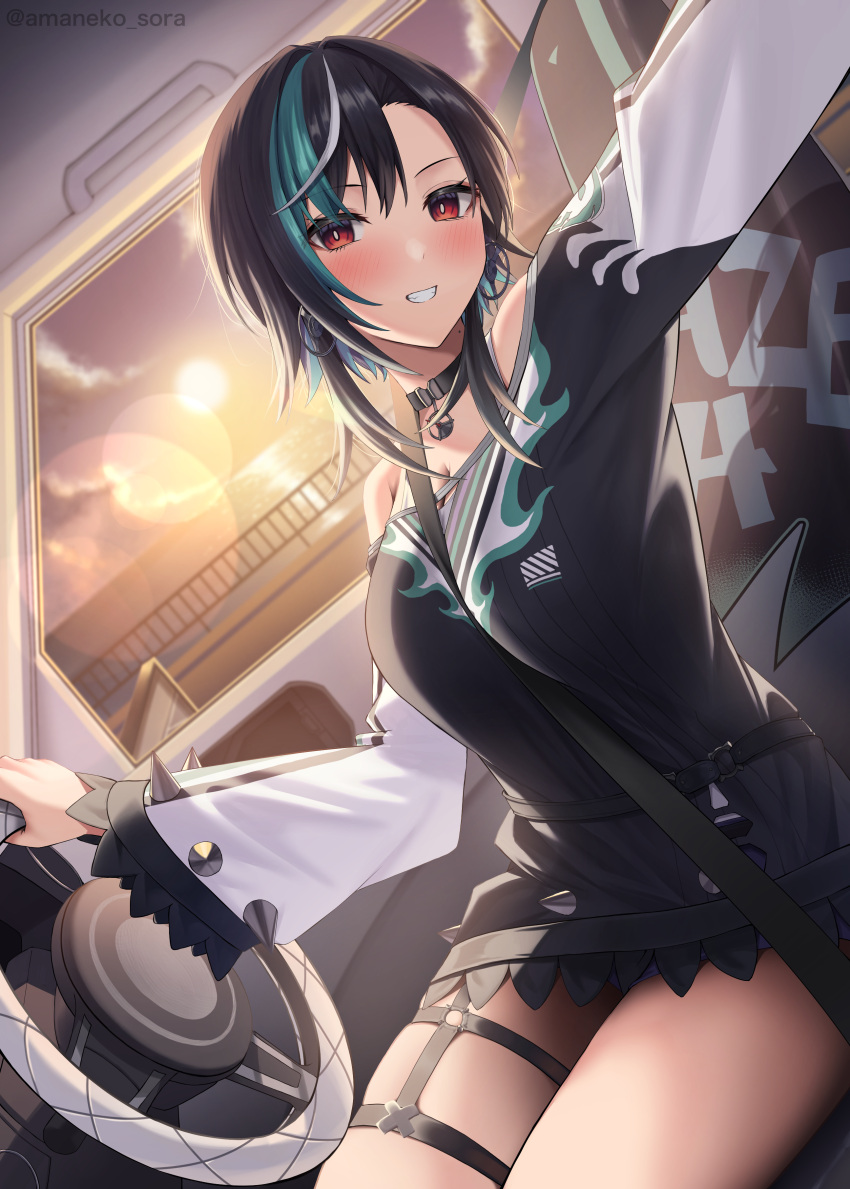 1girl, absurdres, amane_sora, aqua_streaks, black_hair, blush, car, car_interior