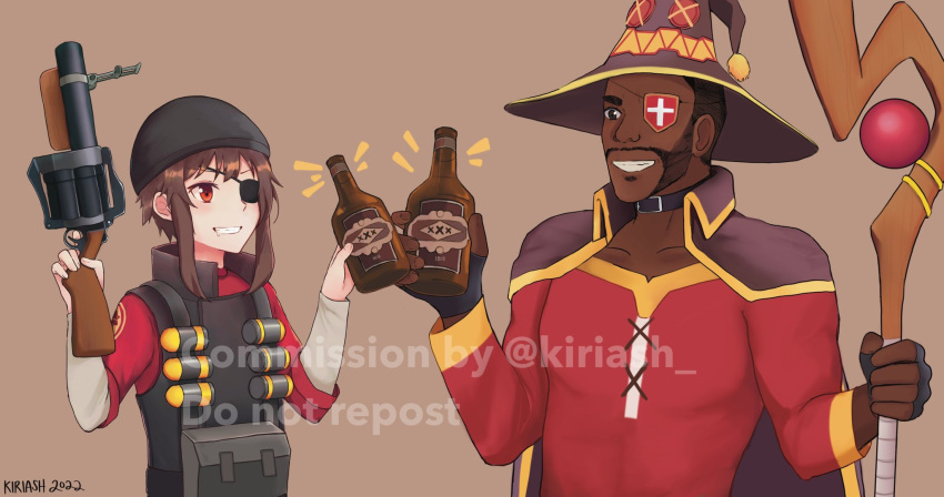 1boy, 1girl, alcohol, artist_name, black_gloves, black_hair, black_hat, black_vest