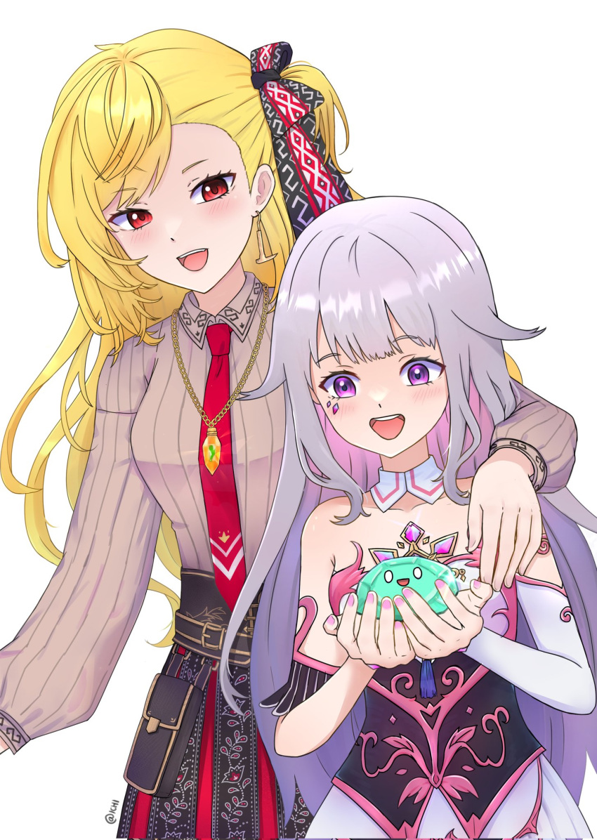 2girls, blonde_hair, brown_shirt, chest_jewel, commentary, embroidered_skirt, english_commentary, face_jewel