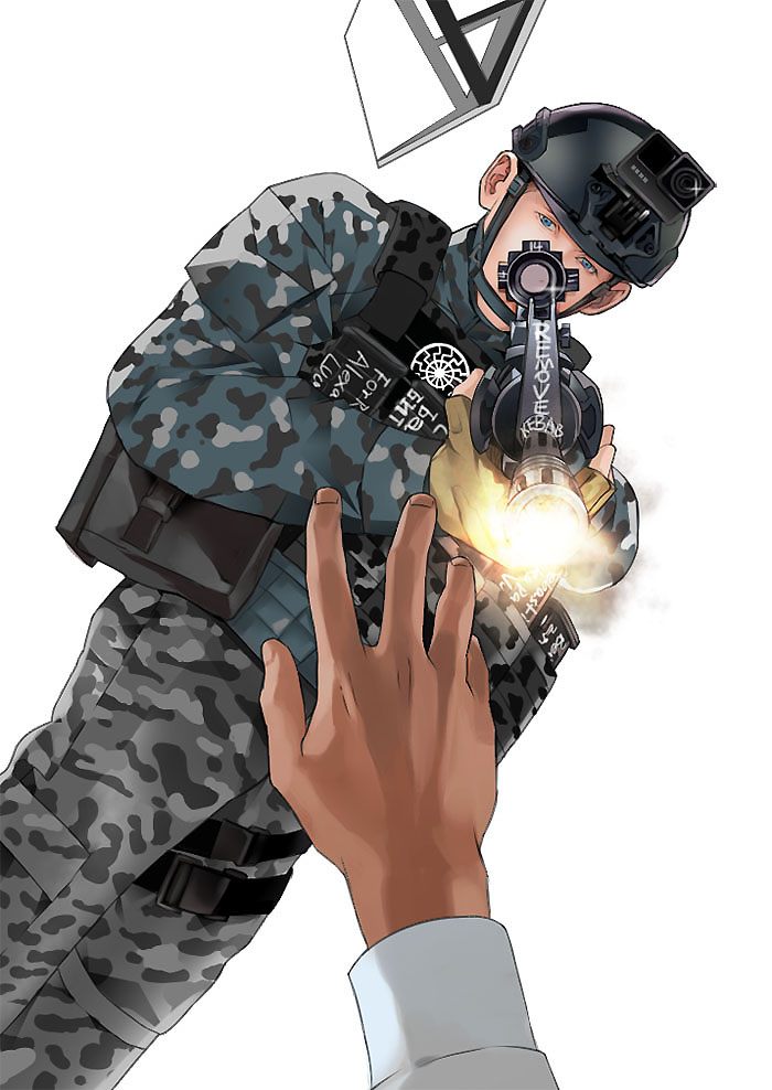 2boys, black_helmet, black_jacket, black_pants, black_sun_(symbol), blue_eyes, brenton_tarrant, bulletproof_vest