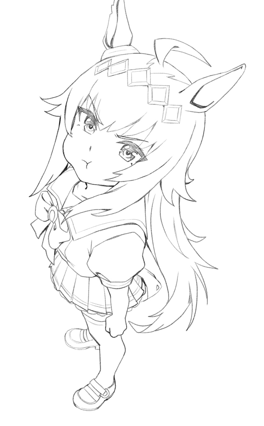 1girl, :t, ahoge, animal_ears, bow, bowtie, commentary, english_commentary