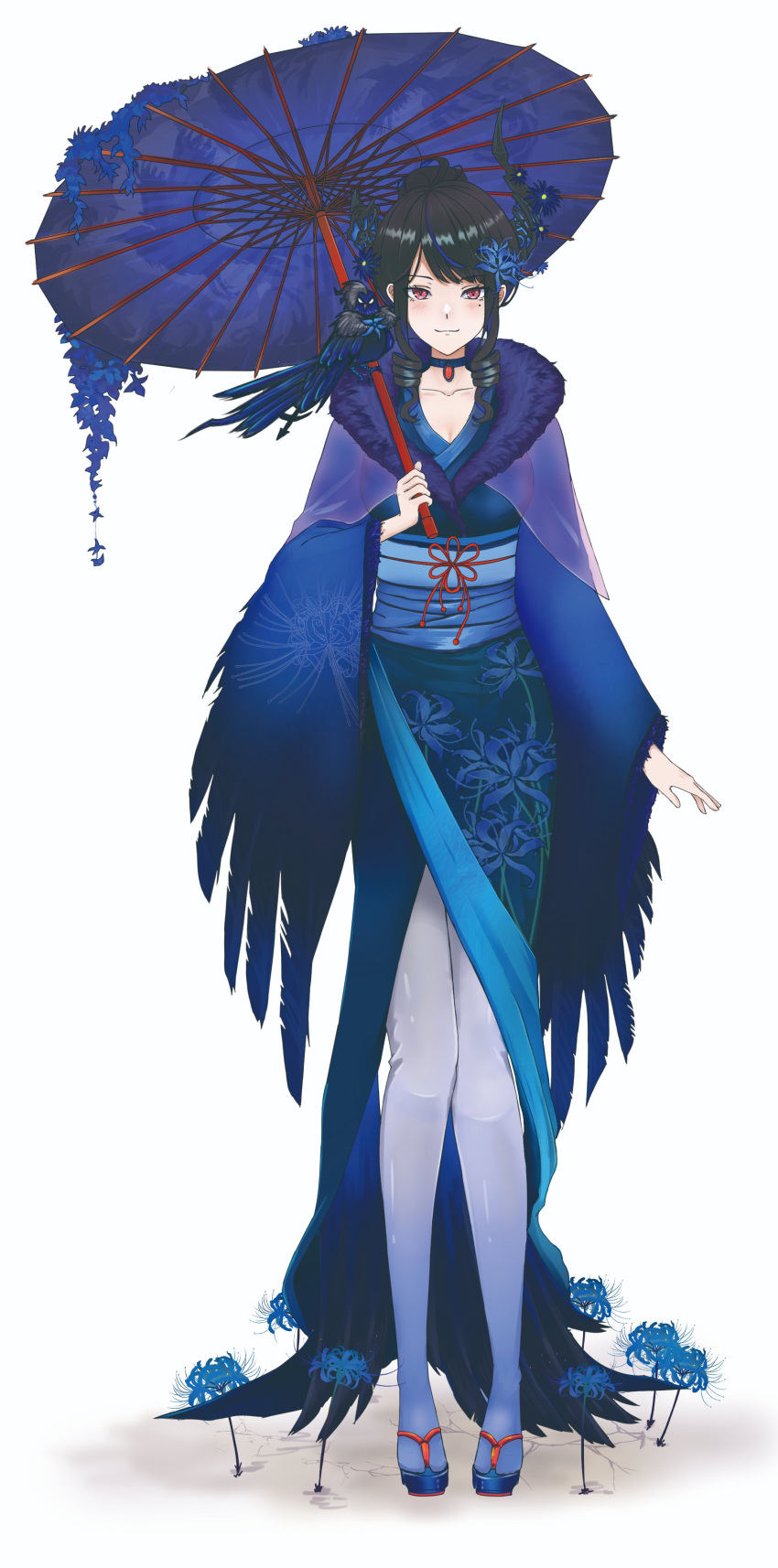 absurdres, asymmetrical_horns, bird, black_hair, black_horns, blue_choker, blue_flower, blue_umbrella