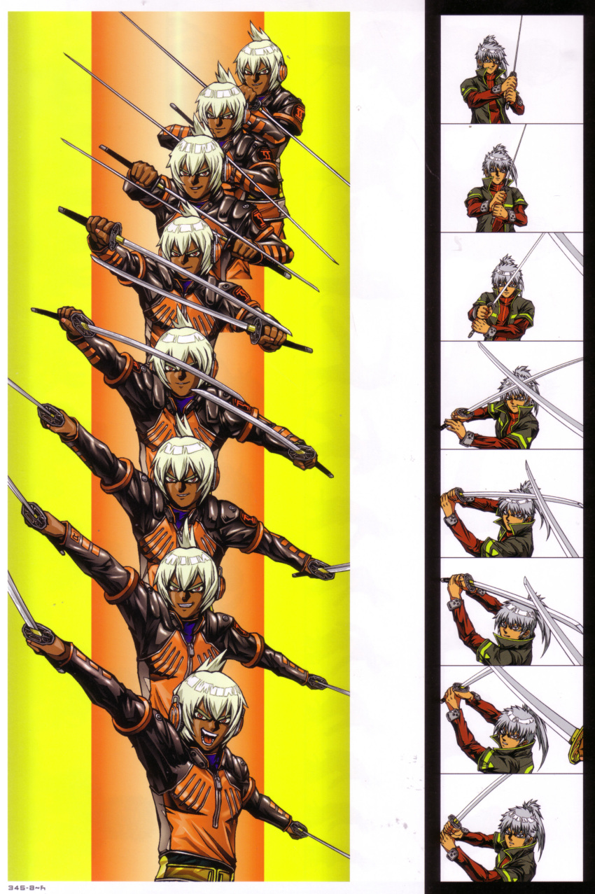2boys, absurdres, beatmania_iidx, bemani, brothers, dark-skinned_male, dark_skin, dual_wielding, ereki_(beatmania), goli_matsumoto, grey_hair, headphones, highres, holding, holding_sword, holding_weapon, jacket, katana, looking_at_viewer, male_focus, medium_hair, multiple_boys, multiple_views, official_art, orange_jacket, ponytail, scan, sequential, shilow, short_hair, siblings, sword, third-party_source, topknot, weapon, white_hair