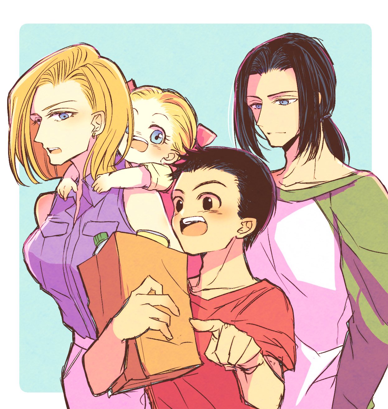 2boys, 2girls, android_17, android_18, black_eyes, black_hair, blonde_hair, blue_eyes