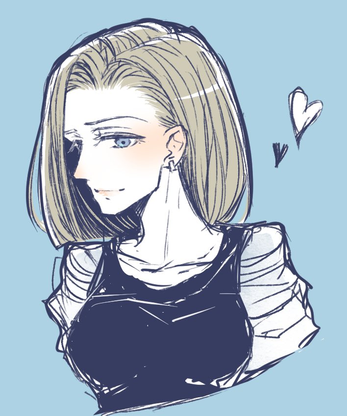 1girl, android_18, blonde_hair, blue_background, blue_eyes, closed_mouth, dragon_ball, dragon_ball_z