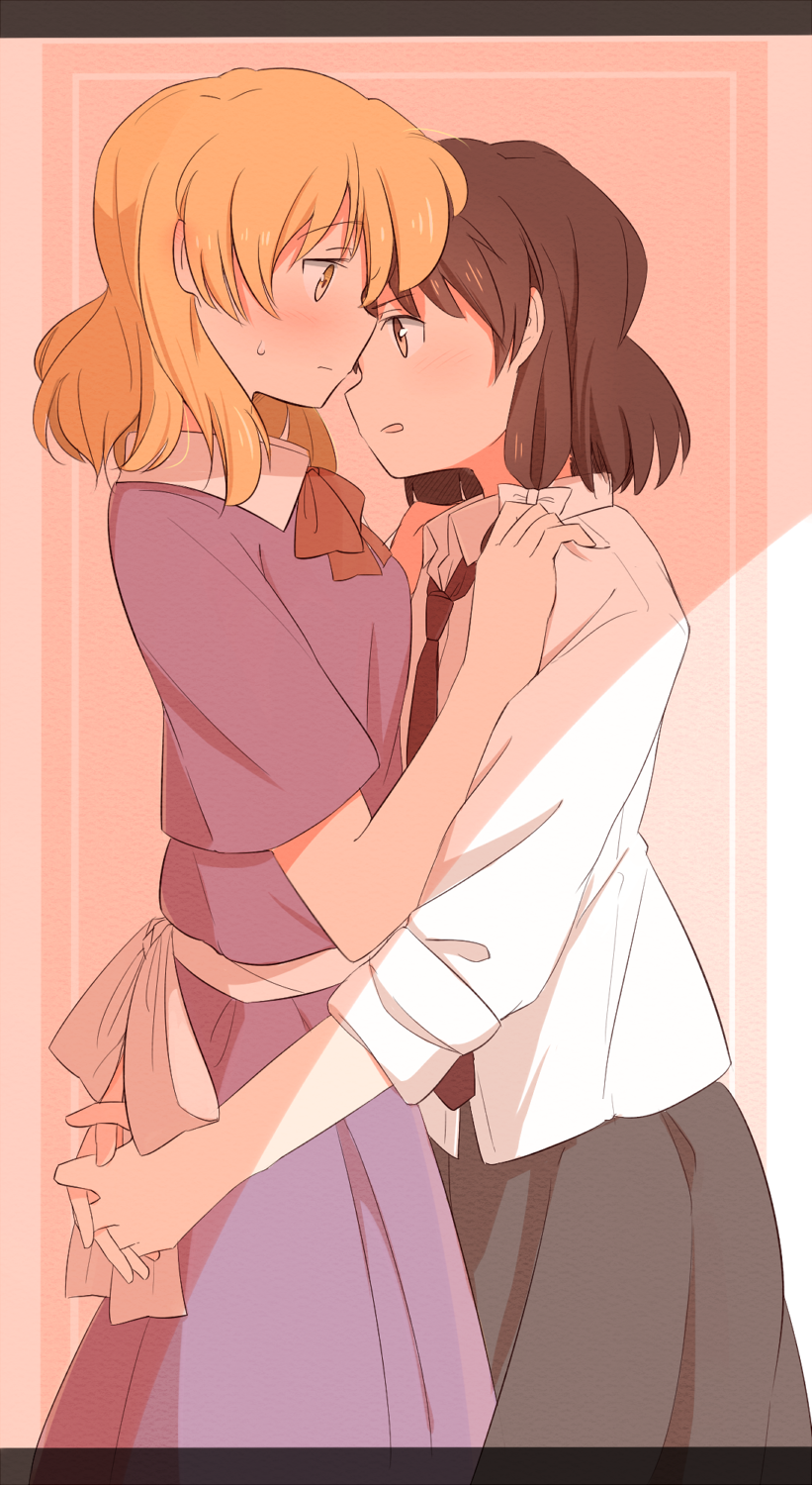 2girls, arms_around_another's_back, back_bow, black_skirt, blonde_hair, blush, bow, bowtie, brown_eyes, brown_hair, closed_mouth, collared_dress, collared_shirt, commentary, contrast_collar, dress, hair_bow, hands_on_another's_shoulders, highres, maribel_hearn, medium_hair, missing_headwear, multiple_girls, necktie, open_mouth, purple_dress, red_bow, red_bowtie, red_necktie, sash, shirt, short_sleeves, sideways_mouth, skirt, smile, sweatdrop, touhou, unagi_sango, usami_renko, white_bow, white_sash, white_shirt, yellow_eyes, yuri