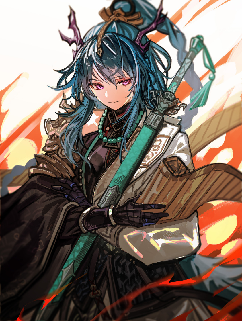 1girl, absurdres, arknights, bamboo_slips, bead_necklace, beads, black_gloves, blue_hair