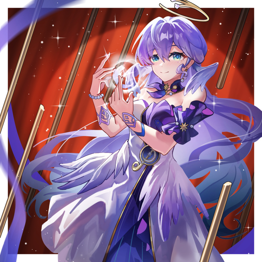 1girl, blue_hair, border, bracelet, breasts, chinese_commentary, commentary_request, dress