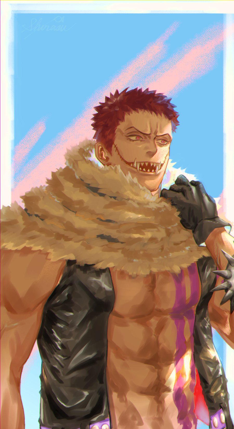 1boy, abs, black_gloves, bracelet, charlotte_katakuri, chest_tattoo, commentary_request, gloves, highres, jewelry, leather, leather_vest, looking_to_the_side, male_focus, one_piece, pink_hair, scar, sharp_teeth, shiraumi8351, short_hair, solo, spiked_bracelet, spikes, tattoo, teeth, v-shaped_eyebrows, vest
