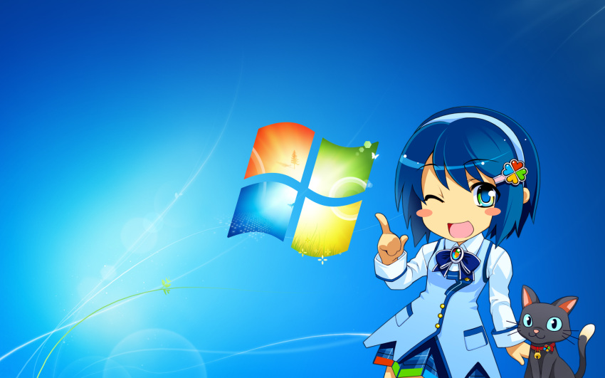 1girl, 7-tan, animal, bell, black_cat, blue_background, blue_bow, blue_hair