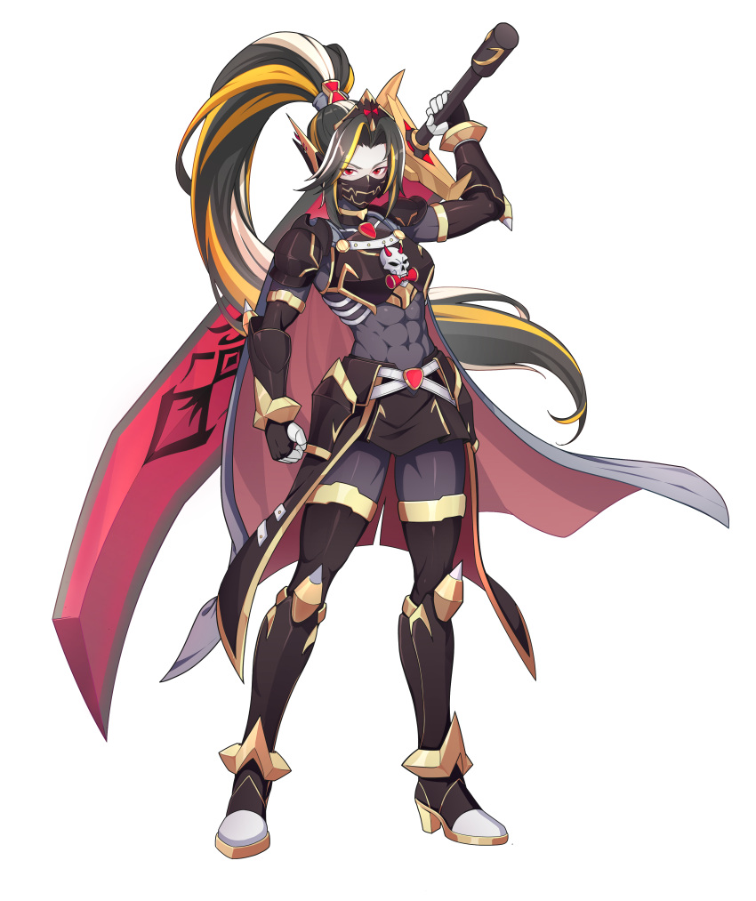 1girl, absurdres, adapted_costume, armor, belt, black_hair, blonde_hair, body_armor