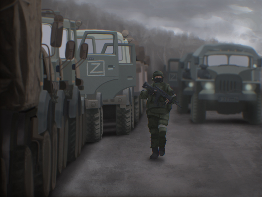 1boy, absurdres, assault_rifle, battle, battle_of_mariupol, black_mask, body_armour, camouflage